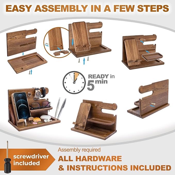 TESLYAR Wood Phone Docking Station for Men - Desk or Nightstand Organizer - Birthday Gifts for Husband or Dad - Anniversary Idea from Wife - Key Holder Stand Wallet Watch &amp Essentials (Earth Bei