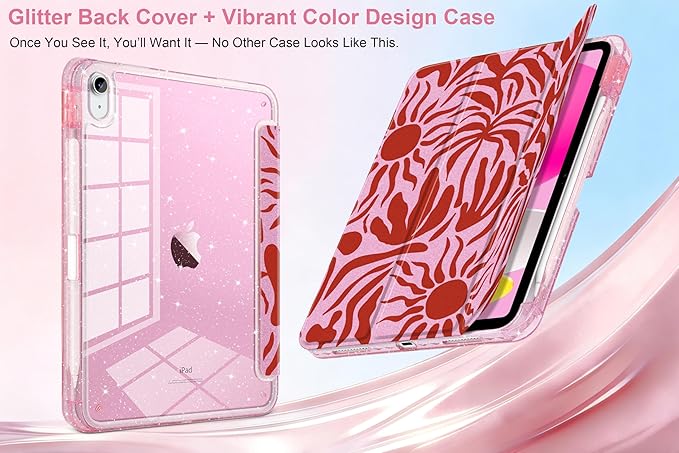 MEEgoodo Case for iPad A16 11th Generation 2025/10th Generation 2022 Glitter Tablet Cases with Transparent Acrylic Back+Trifold Stand +Pencil Holder+Auto Wake/SleepAbstract Sun &amp Palm Tree