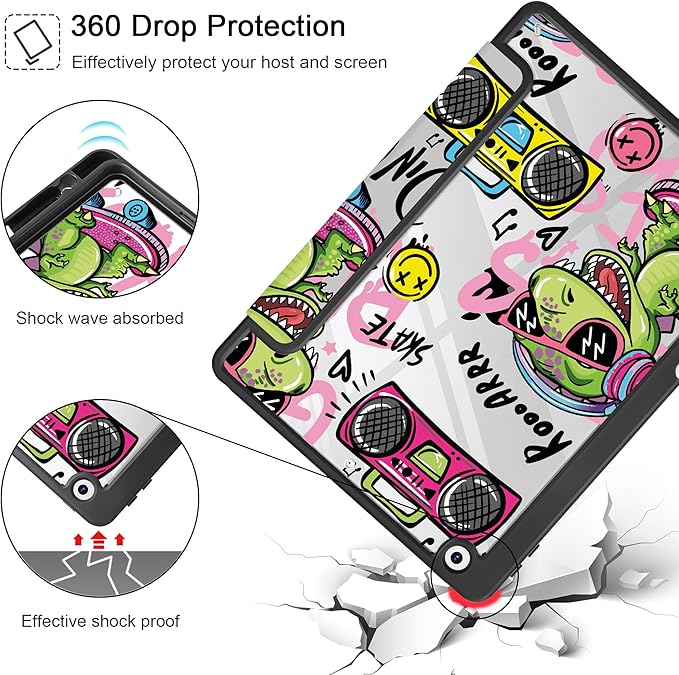 Mektron Printed Case for iPad 10.2 Inch 2021/2020/2019 for iPad 9th/8th/7th Generation Case Buit in Pencil Holder with Shockproof Cover Clear Shell + Trifold Stand + Auto Wake/Sleep Cool Dinosaur