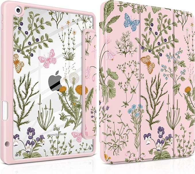 DONGKE for iPad 9th/8th/7th Generation Case 10.2 Inch (2021/2020/2019) [Auto Sleep/Wake &amp Pencil Holder] Clear Acrylic Back Trifold Stand Cover Wildflower &amp Butterfly