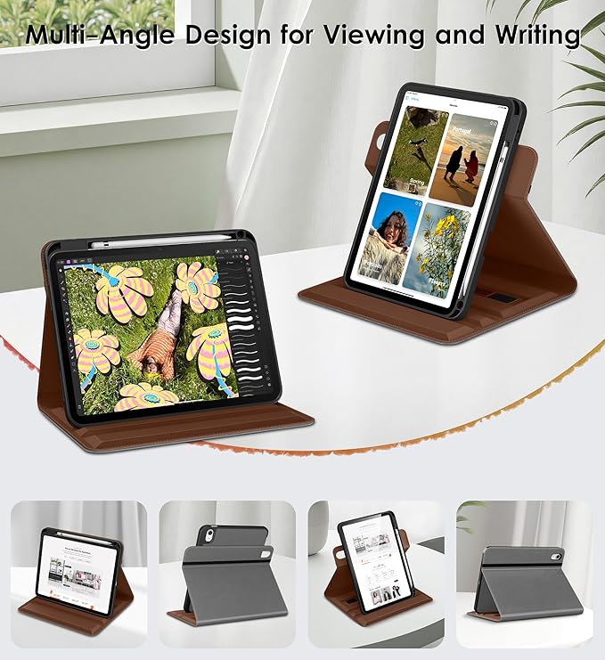 DTTO for iPad A16 Case iPad 11th / 10th Generation Case (2025/2022) 360 Degree Rotating Premium Leather Folio Stand Cover with Pencil Holder Grey