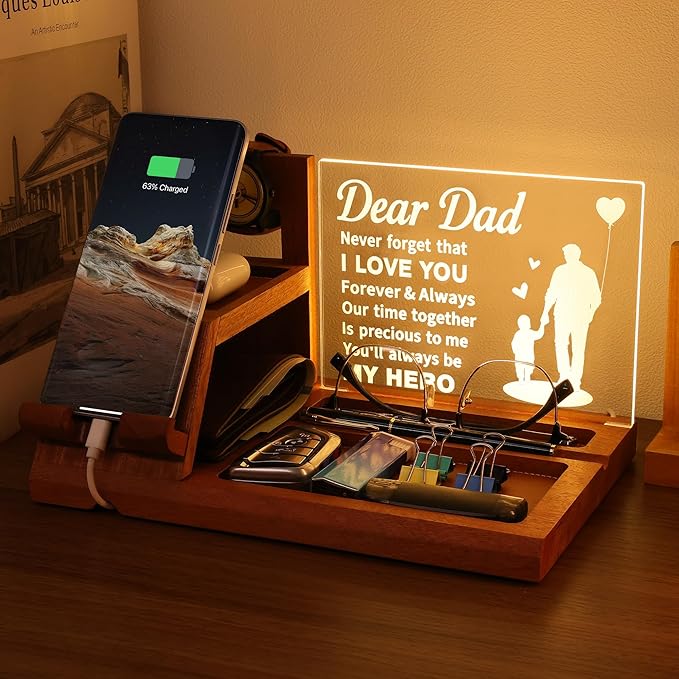 Attivolife Dad Gifts Idea LED Phone Docking Station Desk Organizer Cell Phone Stand with Night Light Best Dad Ever Gift for Father's Day Key Holder Stand for Wallet Watch Essentials