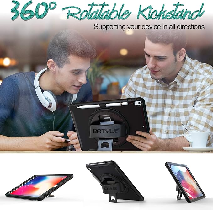 BATYUE iPad Air 3rd Generation 2019 / iPad Pro 10.5 inch Case 2017 with Pencil Holder [360° Swivel Stand/Leather Hand Strap] Full-Body Shockproof Drop Protection Case for iPad Air 3 (Black)