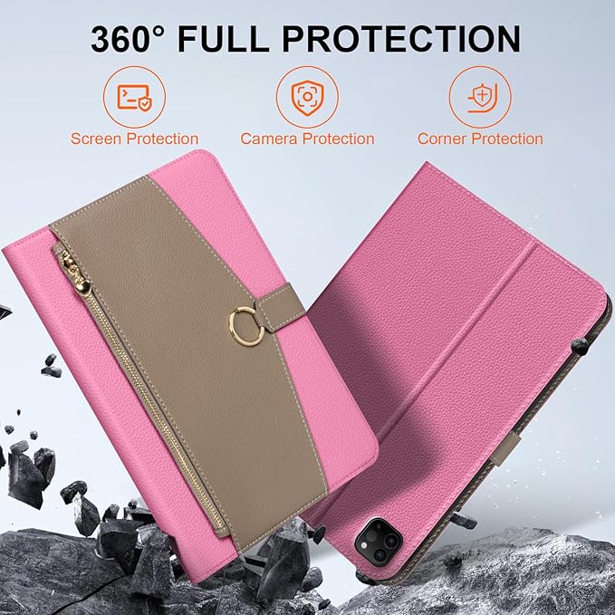 for iPad Pro 11 inch Case 2018-2022 Models Premium Microfiber Leather Protective Cover with Zippered Pocket Buckle ClosureAuto Wake/Sleep &amp Stand (Pink with Grey)