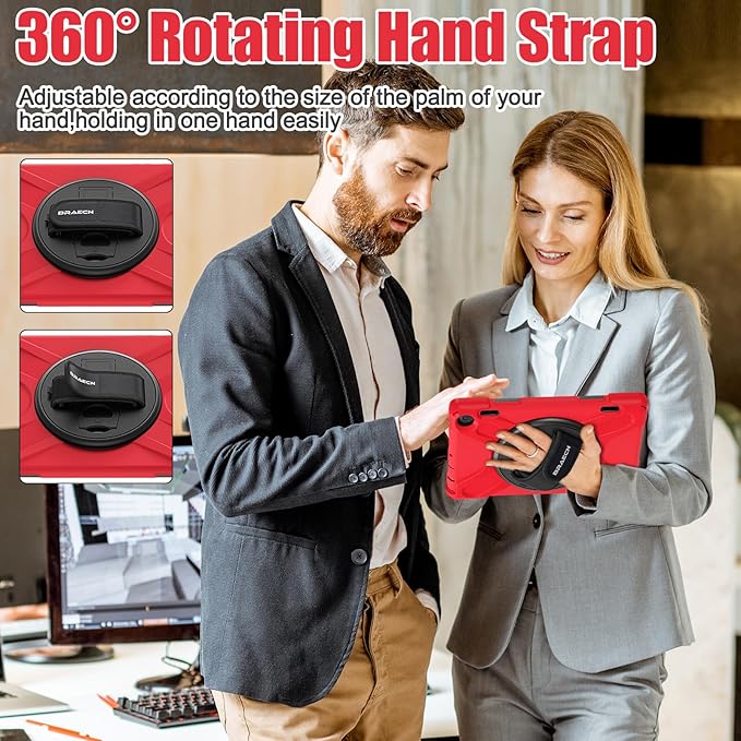 BRAECNstock for Amazon Fire HD 8 Tablet Case 12th Generation 2024/2022 8 inch with Rotating Hand Strap + Stand Shoulder Strap Pen Holder Shockproof Protective Kindle Fire HD 8 12th Gen Kids Case - Red
