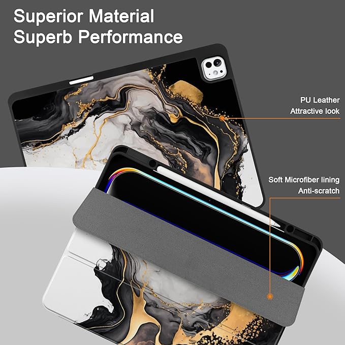 DONGKE Case for iPad Pro 13 inch (M5 2025 / M4 2024) – [Built-in Pencil Holder] Ultra Slim PU Leather Trifold Stand Cover with Soft TPU Back Auto Wake/Sleep - Golden Marble