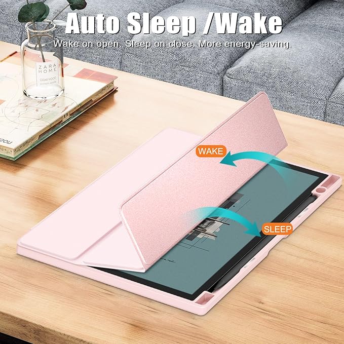 Case for BOOX Note Air 3 C and B/W E Ink Tablet 10.3 ePaperSlim Drop Protection Tri-Fold Cover with Hard Shell Transparent Back and Pen Holder Stand Smart Cover with Auto Wake/SleepPink