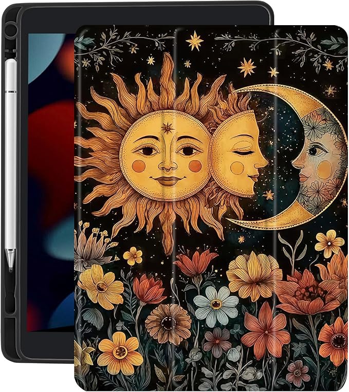Rose Crow Skull Case for Ipad 5Th Unique Design Cover for Ipad Retro Gothic Floral Shell with Clear Transparent Back Auto Sleep/Wake Anti-Slip Shockproof with Pencil Holder(Girls Women)