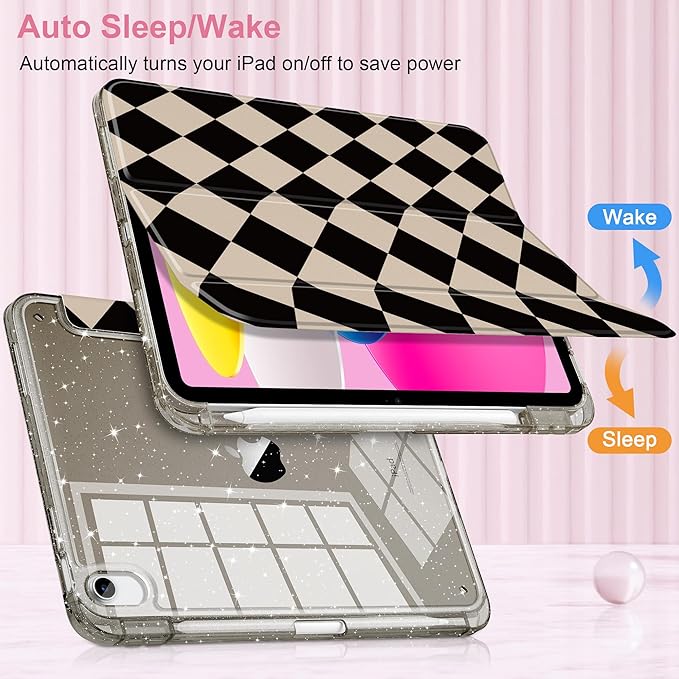 DONGKE for iPad Pro 11 inch Case – Fits M5 2025 / M4 2024 Shockproof Sparkling Glitter Acrylic Back Pencil Holder Trifold Stand Auto Sleep/Wake &amp Touch ID Support - Argyle Pattern