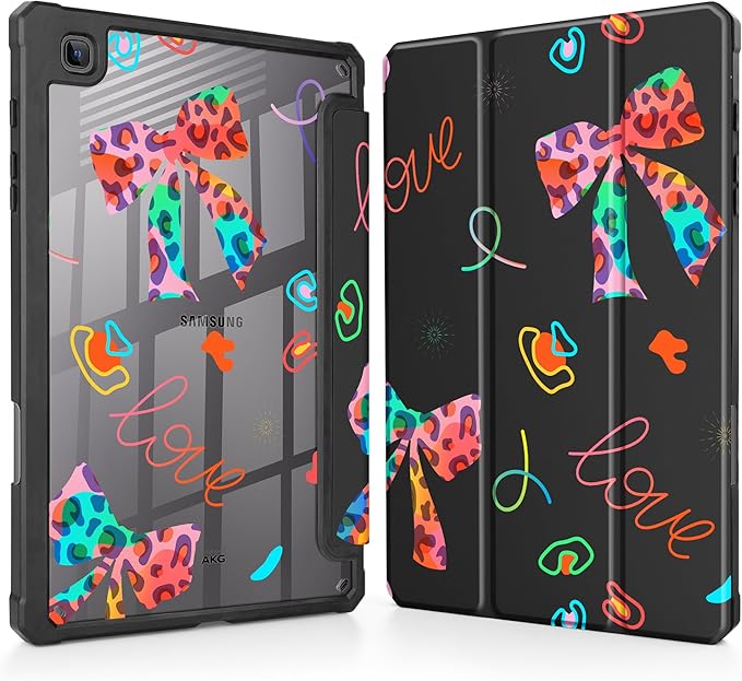 Mektron Case for Samsung Galaxy Tab S6 Lite 10.4 Inch 2024/2022/2020 with S Pen Holder Multi-Angle Viewing with Shockproof Cover Clear Shell + Trifold Stand + Auto Wake/Sleep Neon Bows-Black