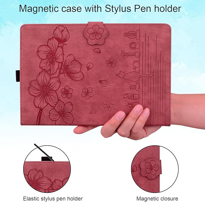 Case for Samsung Galaxy Tab S10 FE+/S10 FE Plus 13.1 Inch 2025 (SM-X620/SM-X626B) with Pencil Holder/Pockets Folio Stand Embossed Cherry Blossom PU Leather Magnetic Wallet Cover Wine Red Cat