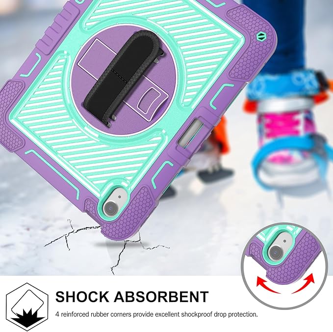 Shockproof Case for iPad Air 4th/5th Generation iPad Air 11 2025 2024 Cover with Shoulder Strap+Pencil Holder Techcircle Heavy Duty Rotating Kickstand Hand Strap Rugged Case Lavender+Aqua