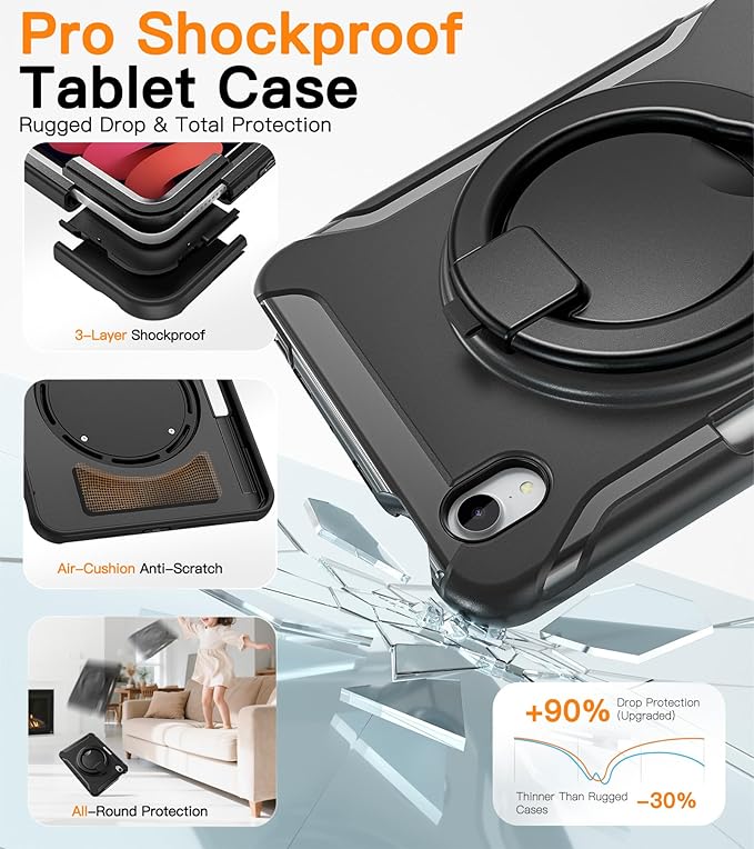 BATYUE Shockproof Case for iPad mini 7 (A17 Pro)/ Mini 6 8.3 inch (2024/2021) - 360° Multi-Angle Stand (Portrait &amp Landscape) &amp Grip Built-in Pencil Holder Black