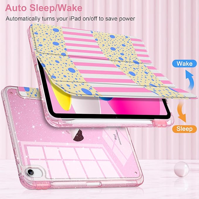 MEEgoodo Case for iPad A16 11th Generation 2025/10th Generation 2022 Glitter Tablet Cases with Transparent Acrylic Back+Trifold Stand +Pencil Holder+Auto Wake/SleepPink Stripes &amp Blue Dots