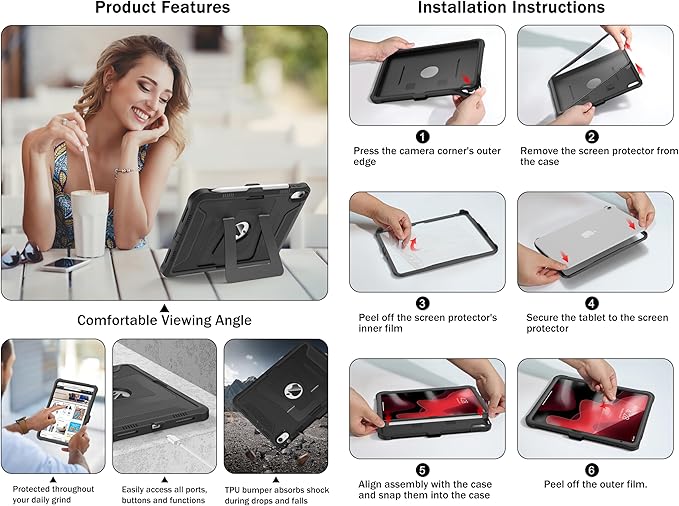 Soke Case for iPad (A16) 11th Generation 11-Inch 2025 /10th Generation 10.9-Inch 2022 with Screen Protector and Multi-Angle Kickstand Rugged Full Body Heavy Duty Protective Cover - Dark Black