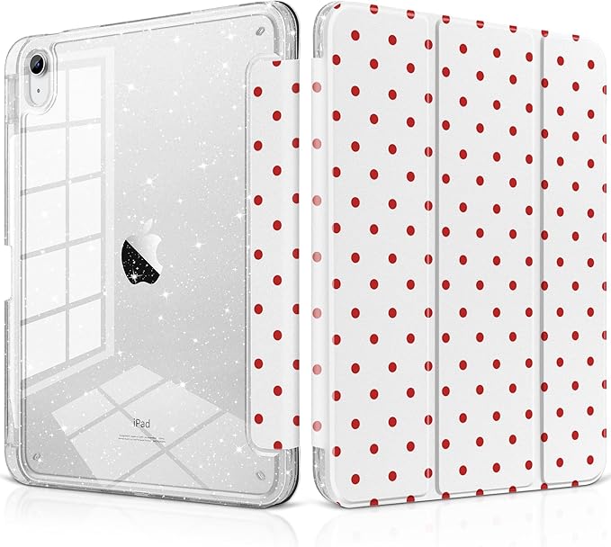 MEEgoodo Case for iPad A16 11th Generation 2025/10th Generation 2022 Glitter Tablet Cases with Transparent Acrylic Back+Trifold Stand +Pencil Holder+Auto Wake/SleepRed Polka Dots