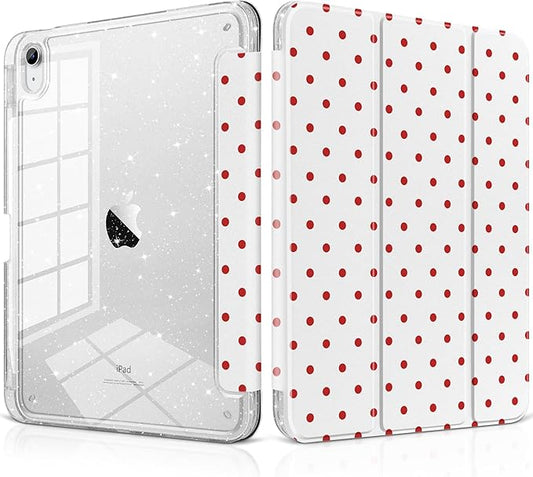 MEEgoodo Case for iPad A16 11th Generation 2025/10th Generation 2022 Glitter Tablet Cases with Transparent Acrylic Back+Trifold Stand +Pencil Holder+Auto Wake/SleepRed Polka Dots