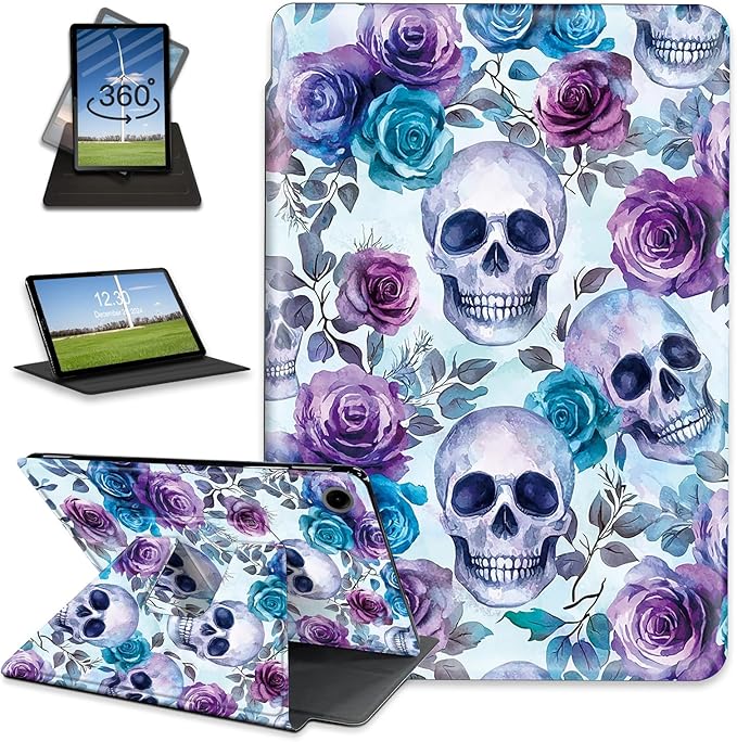 for Samsung Galaxy Tab A9 Plus Case 10.9-inch Rotating Auto Wake Sleep for Samsung A9 Plus Tablet Case Leather Cover for Galaxy Tab A9+ Skull Roese for Tab Cover for Woman Man
