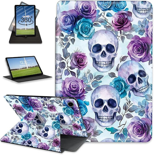 for Samsung Galaxy Tab A9 Plus Case 10.9-inch Rotating Auto Wake Sleep for Samsung A9 Plus Tablet Case Leather Cover for Galaxy Tab A9+ Skull Roese for Tab Cover for Woman Man
