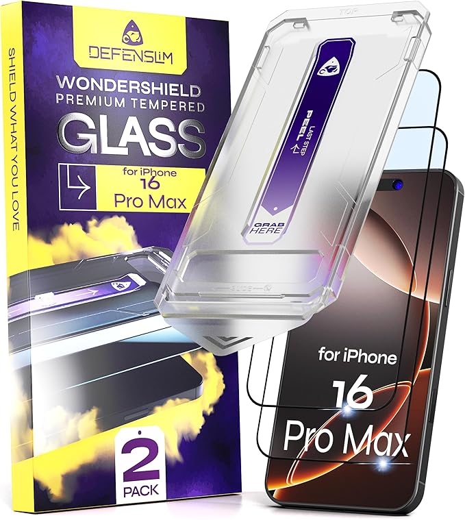 Defenslim for iPhone 16 PRO MAX Screen Protector (2Pack) 6.9 Tempered Glass 9H Hardness Ultra HD Clear Case Friendly Easy Auto-Dust &amp Align Install Kit WonderShield