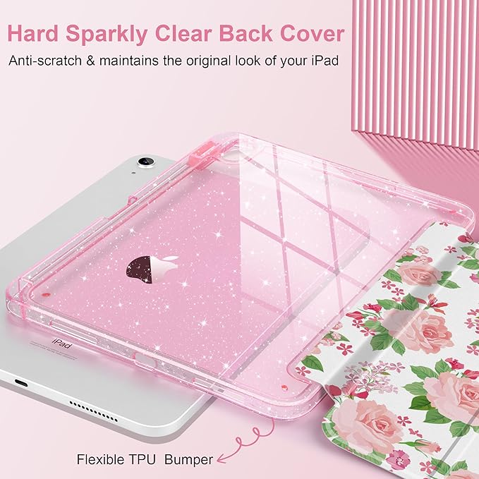 MEEgoodo Case for iPad A16 11th Generation 2025/10th Generation 2022 Glitter Tablet Cases with Transparent Acrylic Back+Trifold Stand +Pencil Holder+Auto Wake/SleepFloral Ornamental Texture