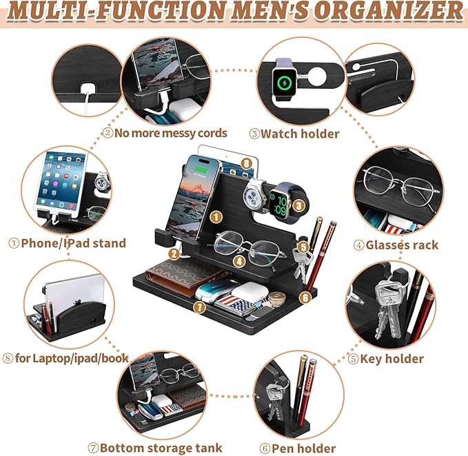 Gifts for Men Wood Phone Docking Station for Men Nightstand Organizer Gifts for Dad Charging Station Cell Phone Stand Desk Organizer Gifts for Husband Boyfriend Brother Son (Black)