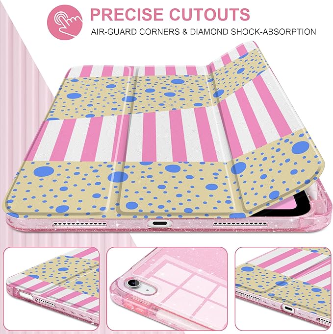MEEgoodo Case for iPad A16 11th Generation 2025/10th Generation 2022 Glitter Tablet Cases with Transparent Acrylic Back+Trifold Stand +Pencil Holder+Auto Wake/SleepPink Stripes &amp Blue Dots