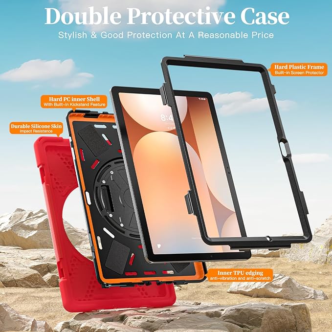 Lunivop Case Compatible with Samsung Galaxy Tab A11 Plus Case 11 Inch 360° Rotating Stand/Hand Strap with Built-in Screen Protector Heavy Duty Tablet Cover for Samsung Tab A11+ Plus Red