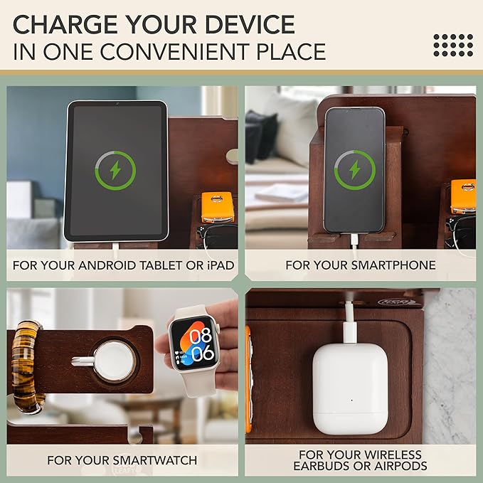 Nightstand Organizer- Bedside Docking Station for Men- Unique Gifts for Husband Father or Dad from Wife Son or Daughter- Desk Organizer for Phone Watches Wallet &amp Accessories (Brown)