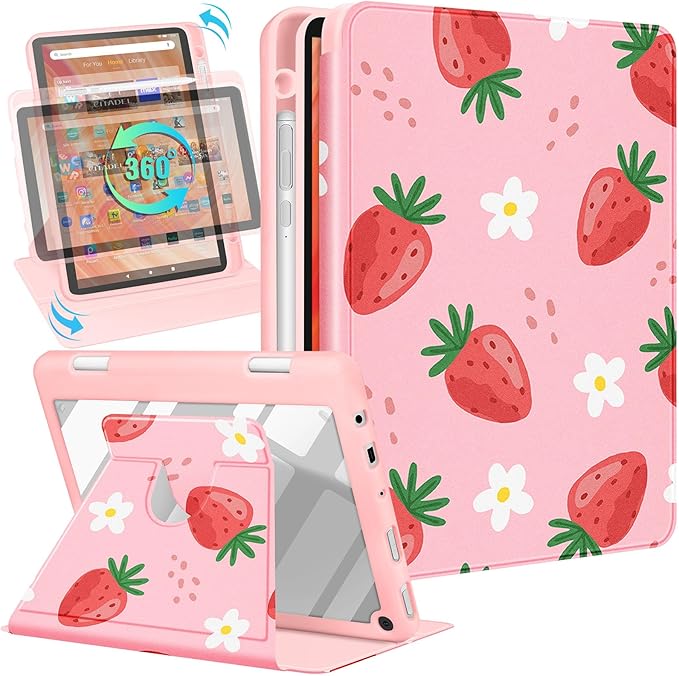 Kidcube for Kindle Fire HD 10/10 Plus Tablet Case - 13th/11th Generation (2023/2021) 10.1 Women Girl Cute Girly Strawberry Kawaii Rotating Stand Pencil Holder Folio Case for Amazon Fire HD 10/10 Plus