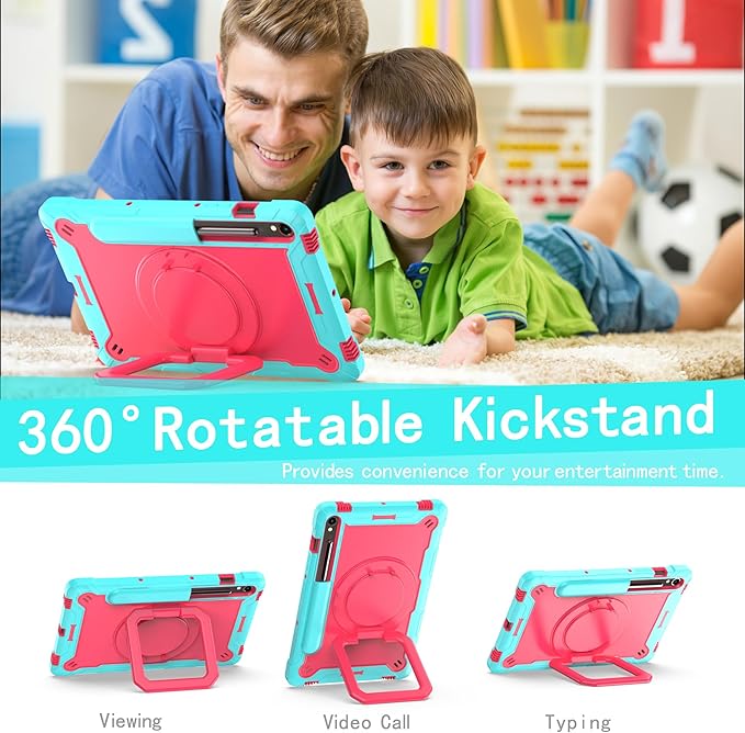 Case for Galaxy Tab S9 FE+/Tab S9+ 12.4 inch Rugged Armor Heavy Duty Hybrid Cover with Adjustable Stand and Handle for Tab S9 Plus 12.4 with Shoulder Strap and S Pen Holder (Teal/Pink)