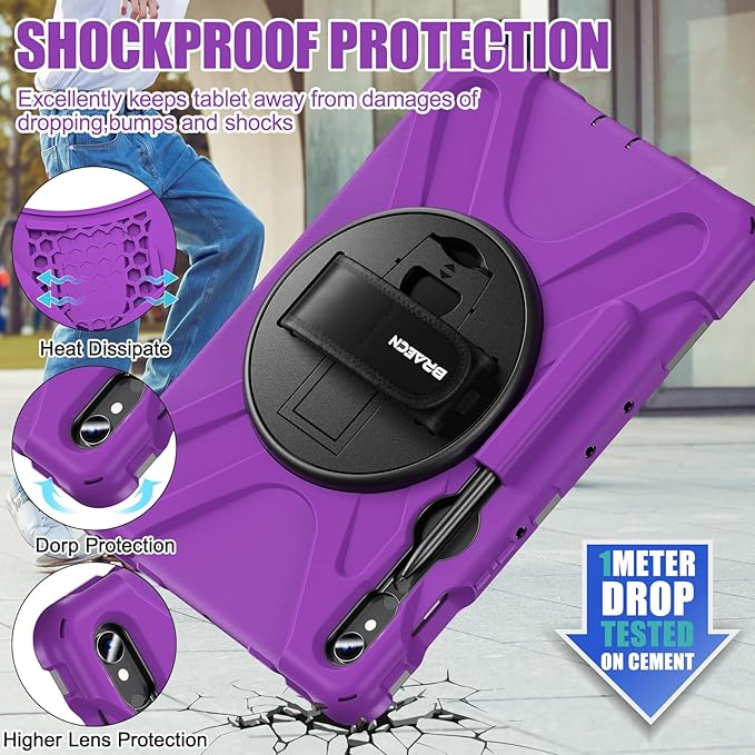 BRAECNstock for Samsung Galaxy Tab S10 Lite/ S10 FE/ S9 FE/ S9/ S8/ S7 5G Case 10.9/11 Shockproof Protective Kids Case with Pencil Holder Rotating Hand Strap &amp Stand Shoulder Strap Purple