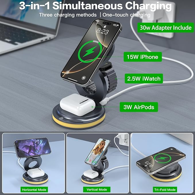 ZealSound 3-in-1 Foldable Magnetic Wireless Charger Stand – 15W Fast Charge with Night Light &amp Includes 30W Adapter Portable Charging Pad for iPhone Apple Watch &amp AirPods 2/3 Home Office