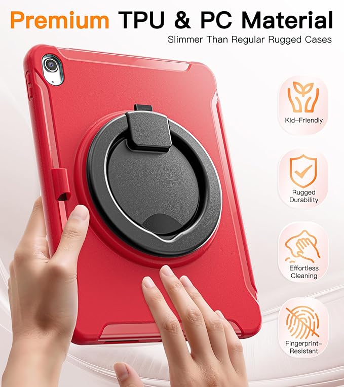 BATYUE Shockproof Case for iPad 10th Gen 10.9 2022 / 11th Gen (A16) 11 2025 | 360° Multi-Angle Stand (Portrait &amp Landscape) &amp Grip Built-in Screen Protector Pencil Holder Red