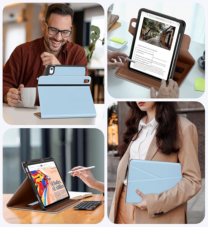 DTTO for iPad A16 Case iPad 11th / 10th Generation Case (2025/2022) 360 Degree Rotating Premium Leather Folio Stand Cover with Pencil Holder Ice Blue