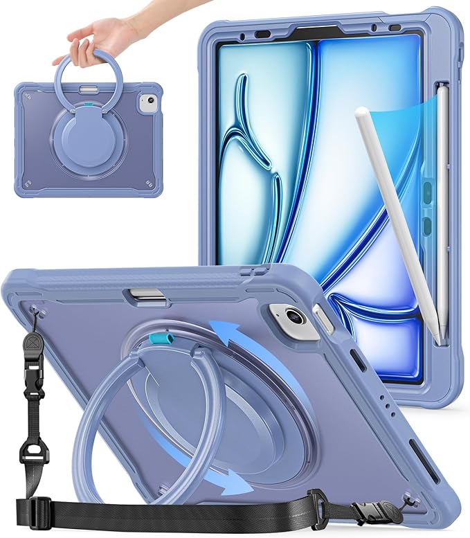 BATYUE Case for iPad Air 11-inch M4(2026)/M3(2025)/M2(2024) iPad Air 4/5 10.9 &amp Pro 11 2018-2022 - Shockproof Case with 360° Rotating Stand &amp Handle Pencil Holder Shoulder Strap Lavender