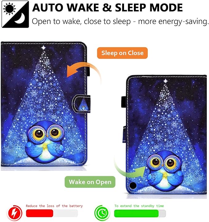 Case for Amazon Fire HD 8 Tablet 12th/10th Generation (2024/2022/2020) Techcircle Stand Folio PU Leather Magnetic Cover with Card Slots &amp Pen Holder Auto Sleep/Wake Blue Light Owl