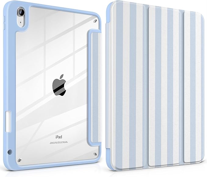 Case for iPad (A16) 11th Generation 11 inch 2025 /iPad 10th Gen 10.9 2022- Aesthetic Blue White Striped Trifold Cover Protection with Clear Back Shell Magnetic Wake Sleep Stripe Blue