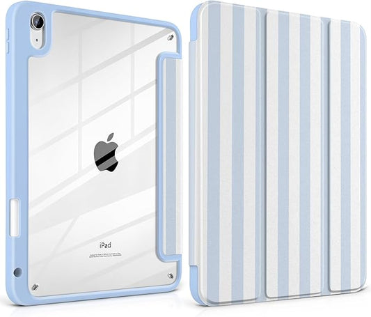 Case for iPad (A16) 11th Generation 11 inch 2025 /iPad 10th Gen 10.9 2022- Aesthetic Blue White Striped Trifold Cover Protection with Clear Back Shell Magnetic Wake Sleep Stripe Blue