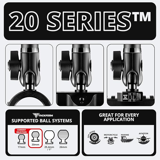 Tackform 7 Long 20mm Ball and Socket Arm DuraLock 20 Series Aluminum Tube Arm | Dual 20mm Sockets and Optional Anti-Theft Knobs | Black with Blue Billet Accent Kit