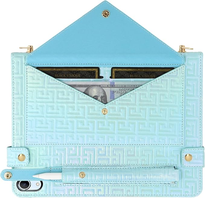 Shiny Case for iPad (A16) 2025 11/iPad 10th Generation Handbag with Hand Strap Techcircle Crossbody Iridescent Folio Stand Wallet Case with Pencil Holder+Card Slots+Shoulder Strap Shiny Blue