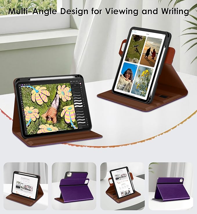 DTTO for iPad Air 11 inch Case M4 / M3 / M2 (2026/2025/2024) iPad Air 5th / 4th Gen (2022/2020) 360 Degree Rotating Premium Leather Folio Stand Cover with Pencil Holder Dark Purple