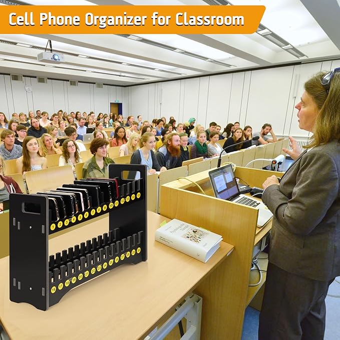 Cell Phone Holder Classroom Cell Phone Storage 2-Tier Multiple Cell Phone Stand Rack with 1-30 Number Stickers PVC Board Mobile Phone Holder Desktop Organizer for Classroom (Black 30 Slots)