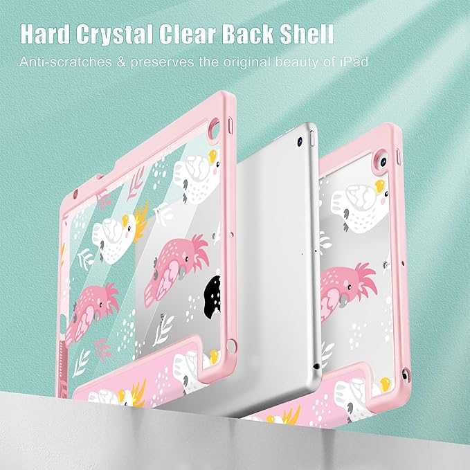 for iPad 9th Generation with Pencil Holder iPad 8th/7th Gen Case 10.2-inch [Built in Pencil Holder] Trifold Stand Auto Wake/Sleep Clear TPU Protection Back Cover Parrots