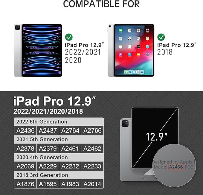 KingBlanc Case for iPad Pro 12.9 6th/5th/4th/3rd Generation 2022/2021/2020/2018 with Pencil Holder Vegan Leather Bicolor Cover Auto Sleep/Wake Support Pencil2 Charging Navy Blue × Royal Blue