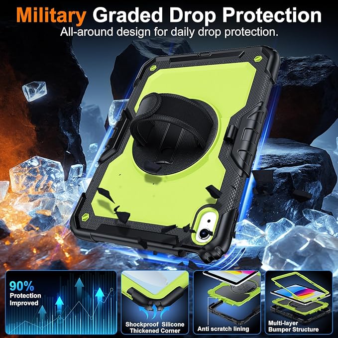 Case for iPad (A16) 11th Generation 11 Inch (2025) Ubearkk for iPad 10th Generation 10.9 inch 2022 case with Screen Protector 360 Degree Rotating Stand/Adjustable Shoulder Strap/Pencil Holder Green