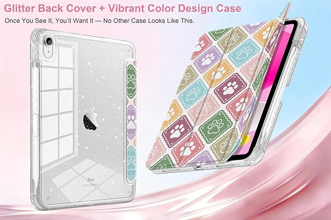 MEEgoodo Case for iPad A16 11th Generation 2025/10th Generation 2022 Glitter Tablet Cases with Transparent Acrylic Back+Trifold Stand +Pencil Holder+Auto Wake/SleepDog Paw &amp Checked
