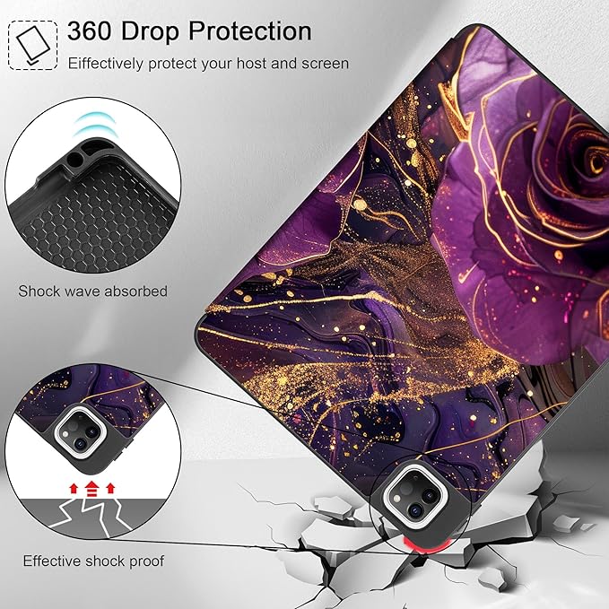 May Chen Case for iPad Pro 11 inch (4th 3rd 2nd &amp 1st Gen) 2022 2021 2020 2018 Trifold Stand + Pencil Holder + Auto Wake/Sleep + Soft TPU Protective Stand Back Cover Purple Roses