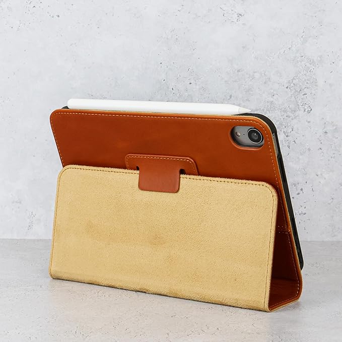 Casemade Real Leather Case Compatible with iPad mini 7 (A17 Pro) / 6th Gen (2021) - Full-Grain Leather Cover Auto Sleep/Wake Dual Stand Position (Tan)