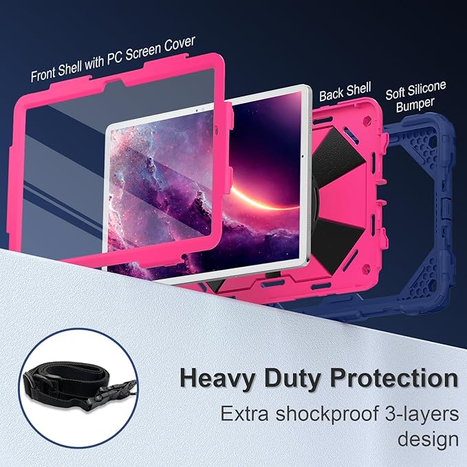 for Galaxy Tab A11+ Plus/A9+ Case 11” Rugged Case for Samsung Galaxy A11 Plus/ A9 Plus Tablet with 360 Rotating Stand Screen Protector Shoulder Strap Pen Holder 2025/2023 Model Navy Pink